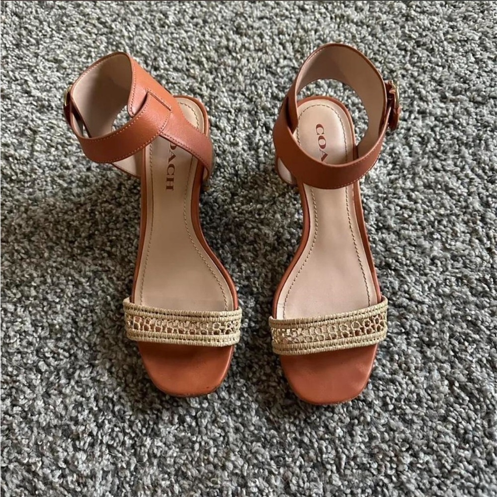 Coach Women's Tan and Gold Heeled Sandals - Picture 2 of 3